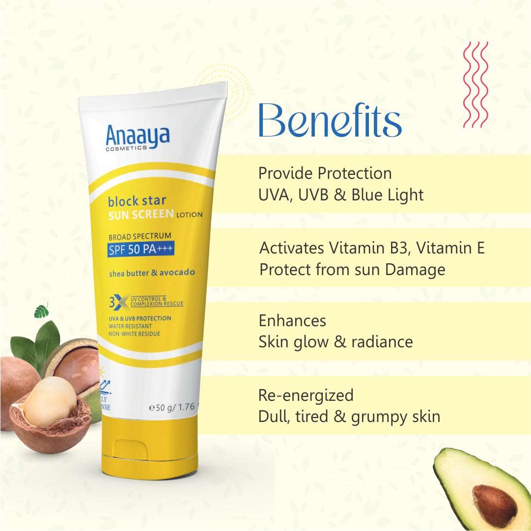 Sun-Kissed Protection Combo: Anaaya Block Star Sunscreen Lotion with Shea Butter & Avocado, SPF 50 PA+++, and Detoxifying Lavish Lavender Face Wash. Deep cleansing with UVA & UVB protection for all skin types