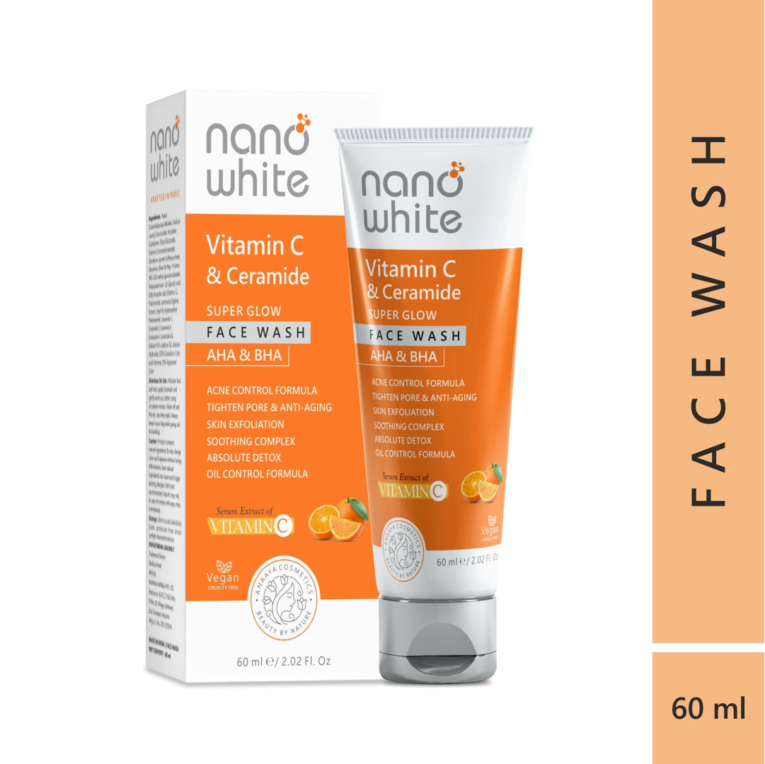 Nano White Super Glow| Vitamin C, Ceramide, AHA & BHA | Tighten Pore |Detox Oil Control |Skin Exfoliation| Brighter Skin Face wash 60 ml