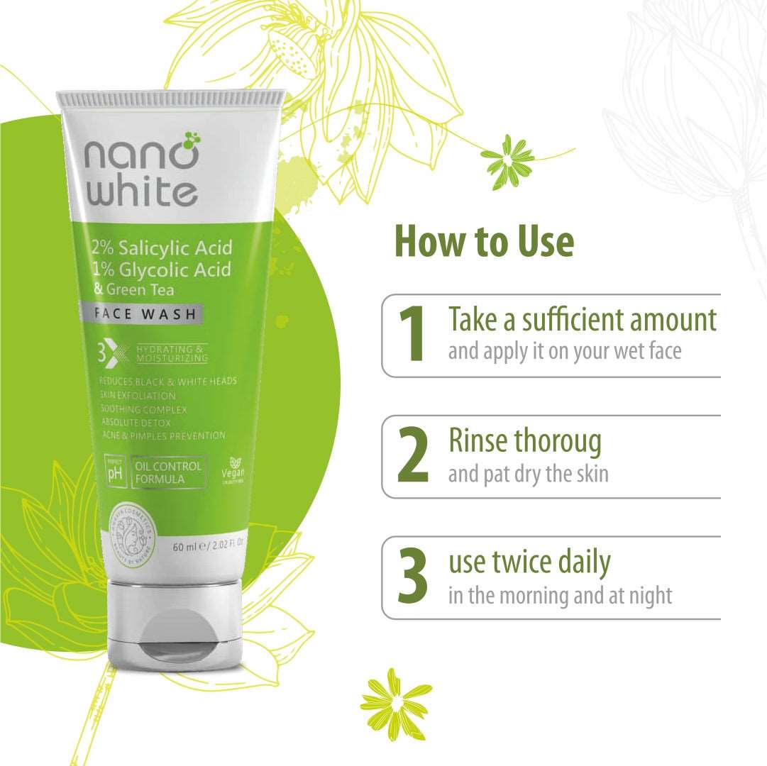 Nano White 2 % Salicylic Acid, 1 % Glycolic Acid & Green Tea Face Wash