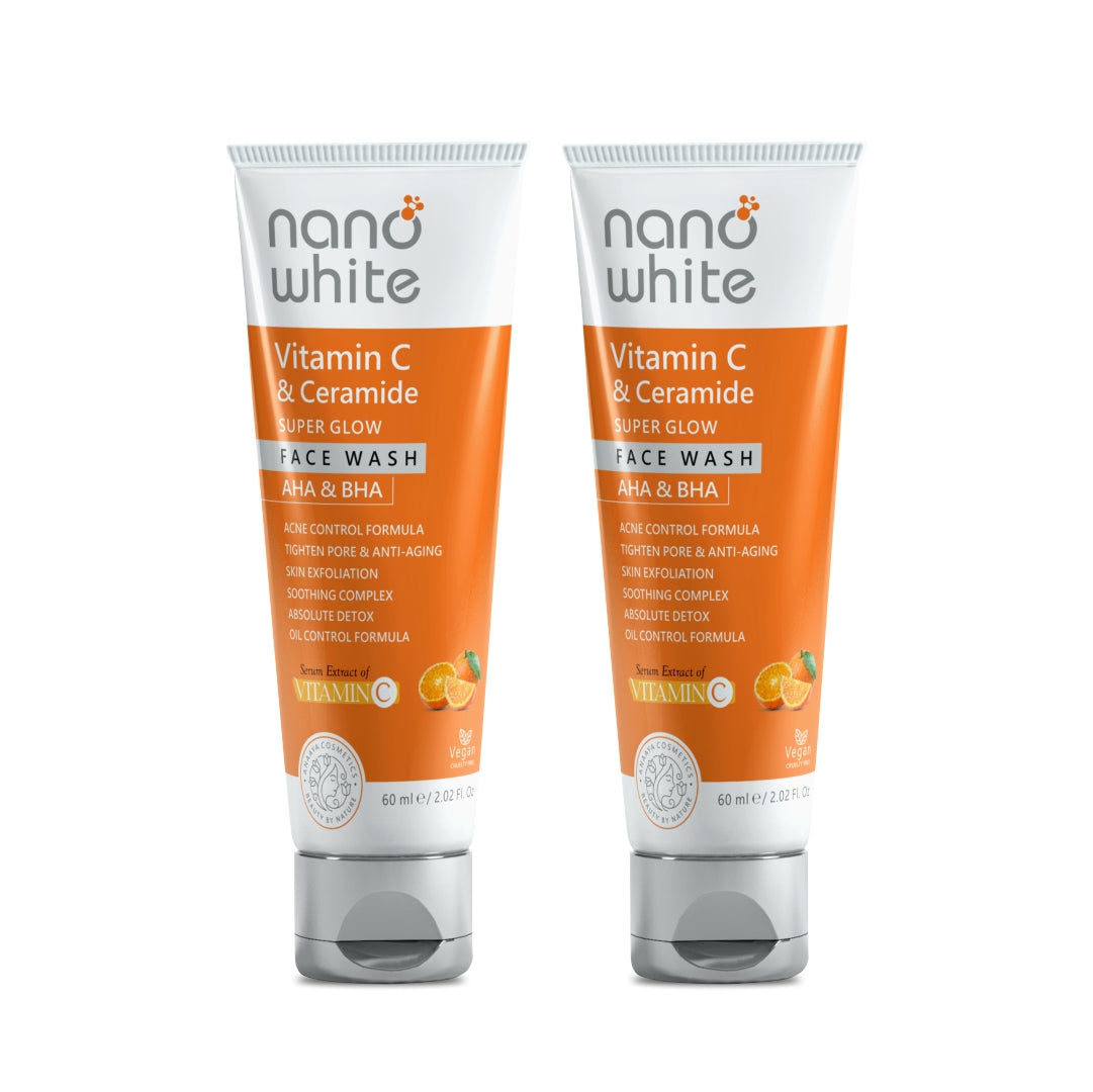 Nano White Super Glow| Vitamin C, Ceramide, AHA & BHA | Tighten Pore |Detox Oil Control |Skin Exfoliation| Brighter Skin Face wash 60 ml (Pack of 2)