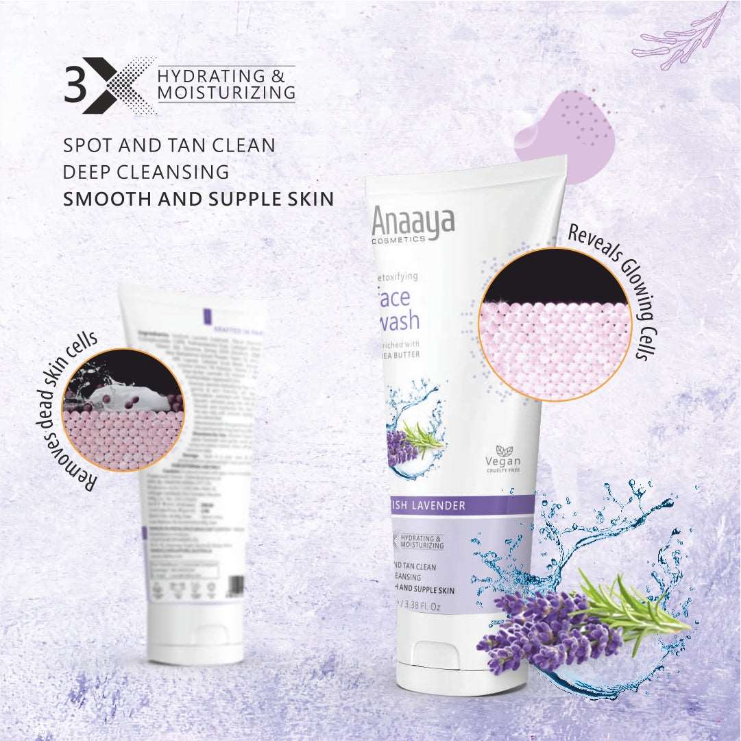 Anaaya Detoxifying Face Wash Duo: Gracious Jasmine and Lavish Lavender. Enriched with Shea Butter for deep cleansing, spot & tan clean, pollution damage defence. Vegan, paraben-free for oil-free, radiant skin