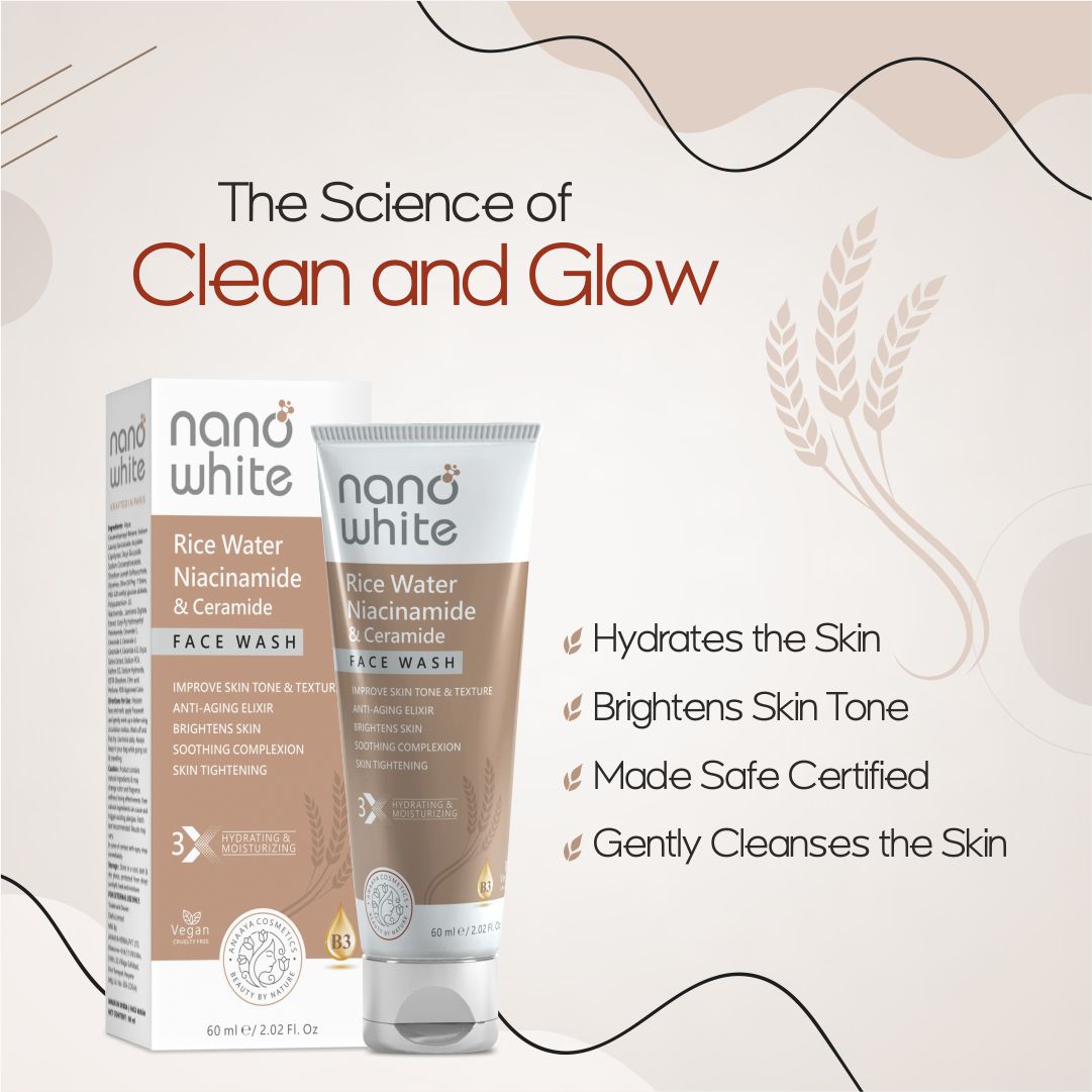 Nano White Rice Water, Niacinamide & Ceramide For Glass Skin | Tightening |Nourishing Glowing | Extra Hydrating |Anti Aging Face wash 60 ml