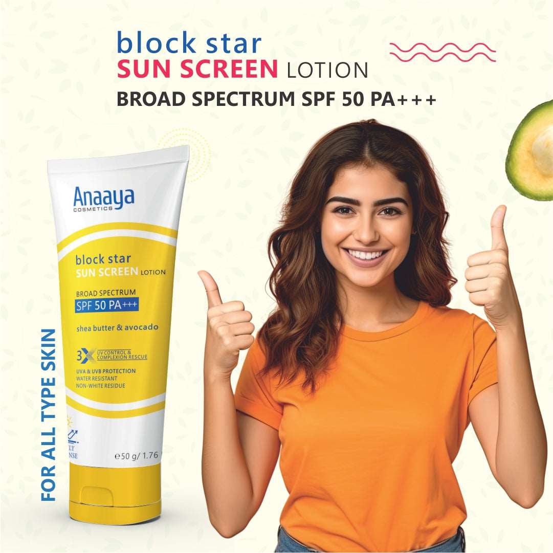 Radiant Defense Combo: Anaaya Block Star Sunscreen Lotion with Shea Butter & Avocado, SPF 50 PA+++, and Detoxifying Majestic Rose Face Wash. Deep cleansing with broad-spectrum UVA & UVB protection for all skin types