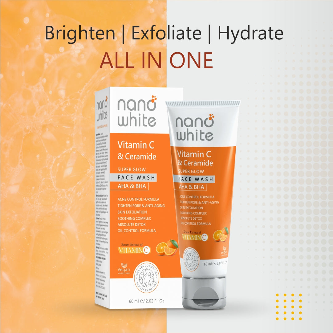 Nano White Super Glow| Vitamin C, Ceramide, AHA & BHA | Tighten Pore |Detox Oil Control |Skin Exfoliation| Brighter Skin Face wash 60 ml