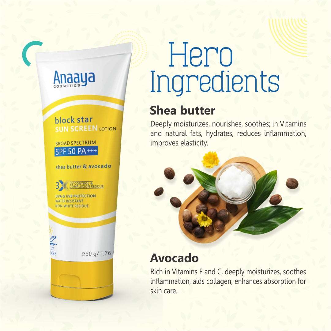 Anaaya Block Star Shea Butter & Avocado SPF 50 PA+++ Sunscreen Lotion