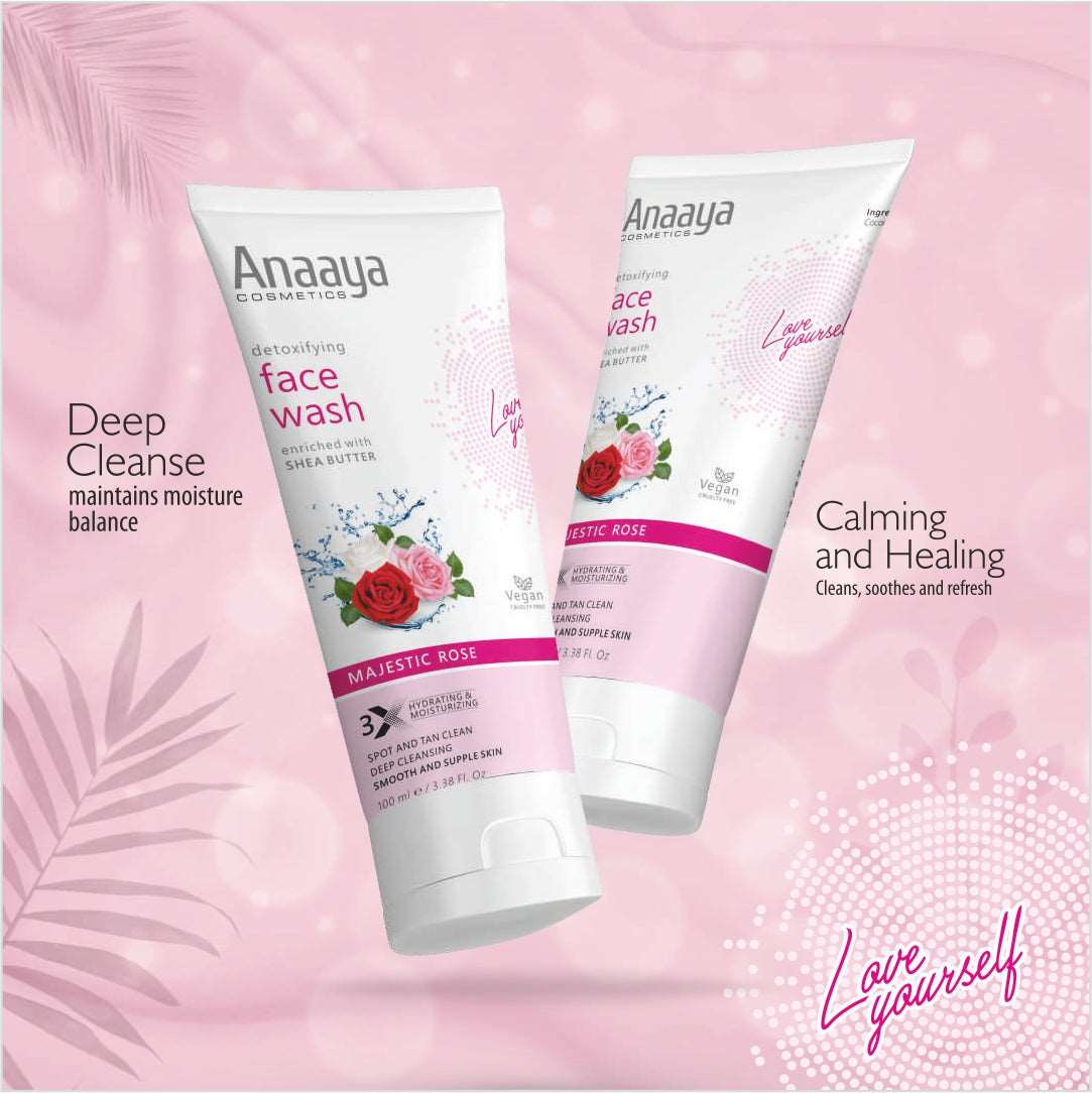 Anaaya Detoxifying Face Wash Duo: Gracious Jasmine and Majestic Rose. Shea Butter enriched, deep cleansing, spot & tan clean, pollution damage defense. Vegan, paraben-free for oil-free, radiant skin