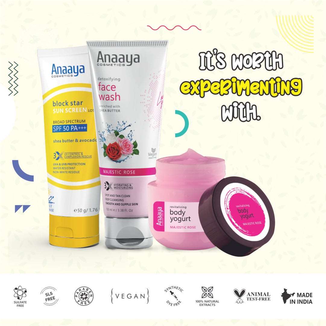 Radiant Defense Combo: Anaaya Block Star Sunscreen Lotion with Shea Butter & Avocado, SPF 50 PA+++, and Detoxifying Majestic Rose Face Wash. Deep cleansing with broad-spectrum UVA & UVB protection for all skin types