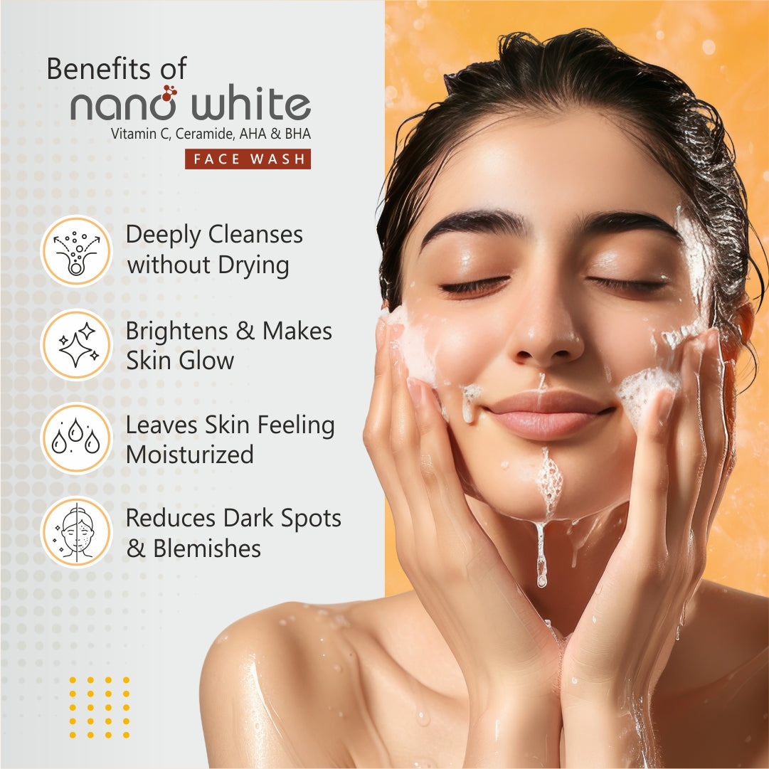 Nano White Super Glow| Vitamin C, Ceramide, AHA & BHA | Tighten Pore |Detox Oil Control |Skin Exfoliation| Brighter Skin Face wash 60 ml