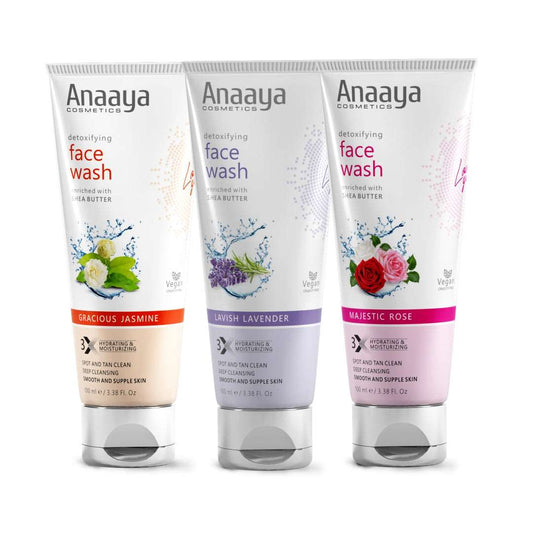 Anaaya Detoxifying Face Wash Trio: Gracious Jasmine, Majestic Rose, and Lavish Lavender. Enriched with Shea Butter, deep cleansing, spot & tan clean, pollution damage defence