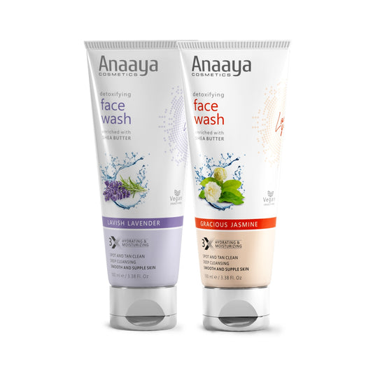 Anaaya Detoxifying Face Wash Duo: Gracious Jasmine and Lavish Lavender. Enriched with Shea Butter for deep cleansing, spot & tan clean, pollution damage defence. Vegan, paraben-free for oil-free, radiant skin