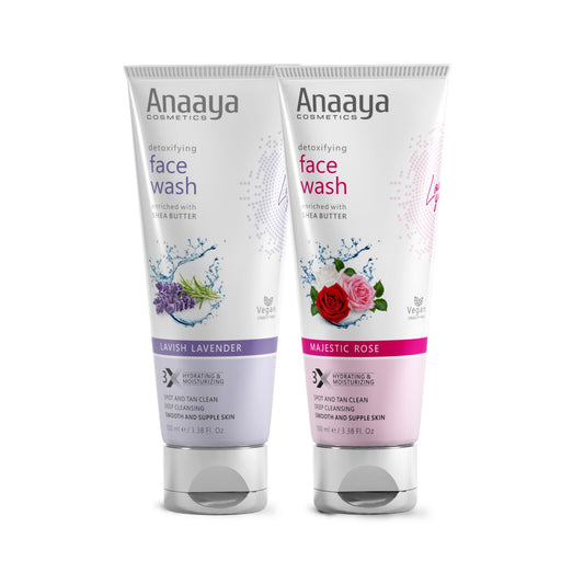 Anaaya Detoxifying Face Wash Duo: Majestic Rose and Lavish Lavender. Infused with Shea Butter for deep cleansing, spot & tan clean, pollution damage defense. Vegan, paraben-free formula for oil-free, radiant skin