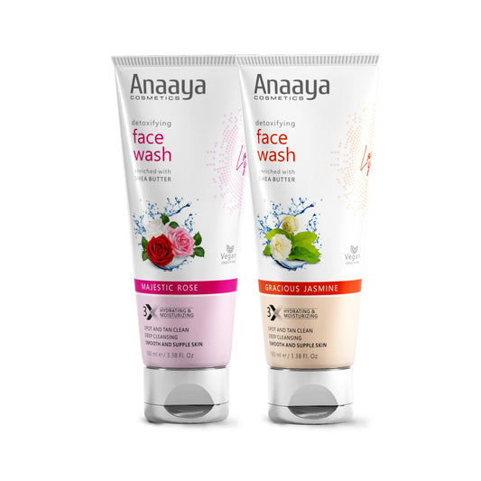 Anaaya Detoxifying Face Wash Duo: Gracious Jasmine and Majestic Rose. Shea Butter enriched, deep cleansing, spot & tan clean, pollution damage defense. Vegan, paraben-free for oil-free, radiant skin