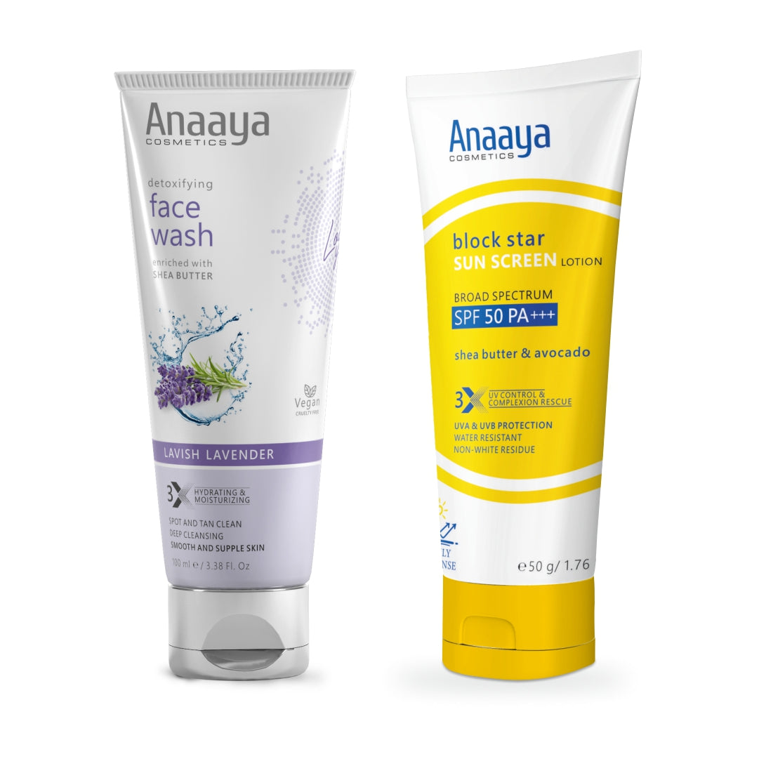 Sun-Kissed Protection Combo: Anaaya Block Star Sunscreen Lotion with Shea Butter & Avocado, SPF 50 PA+++, and Detoxifying Lavish Lavender Face Wash. Deep cleansing with UVA & UVB protection for all skin types