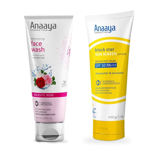 Radiant Defense Combo: Anaaya Block Star Sunscreen Lotion with Shea Butter & Avocado, SPF 50 PA+++, and Detoxifying Majestic Rose Face Wash. Deep cleansing with broad-spectrum UVA & UVB protection for all skin types