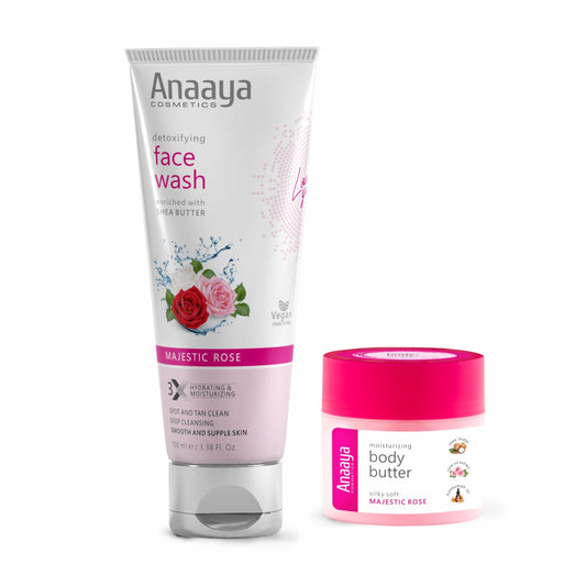 Anaaya Silky Soft Majestic Rose Body Butter & Detoxifying Face Wash Combo: Hydrating Cream & Deep Cleansing |  Spot & Tan Clean | Shea Butter, Rose Oil Extract & Kumkumadi Oil | 72 Hr Moisturisation