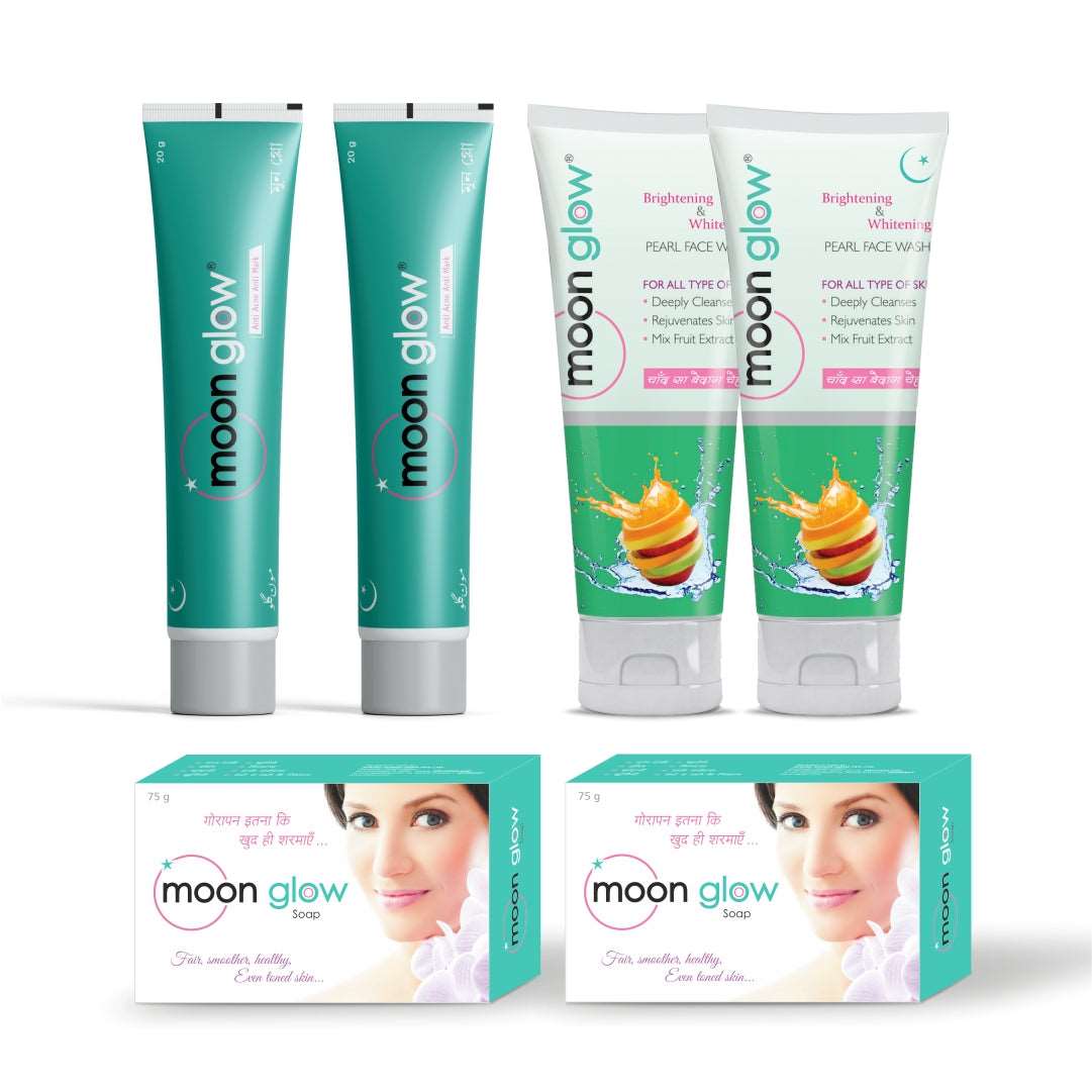 Moon Glow 2 Cream, 2 Pearl Face Wash and 2 Soap Combo Pack for Acne, Pimples, Black Spots, Dark Circles, Stretch Marks, Anti-Aging and Fairness