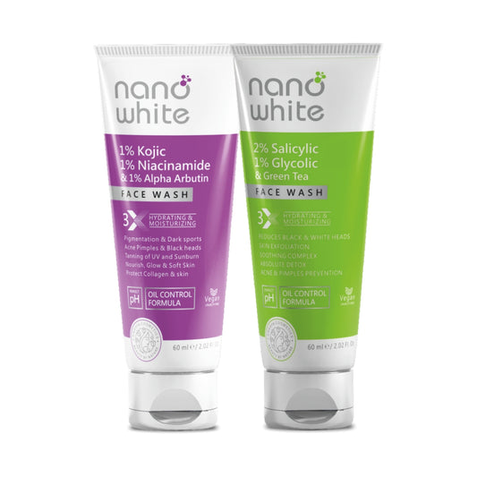 Nano White Face Wash 1% Kojic,1% Niacinamide & 1% Alpha Arbutin, and Nano White Face Wash 2% Salicylic,1% Glycolic & Green Tea