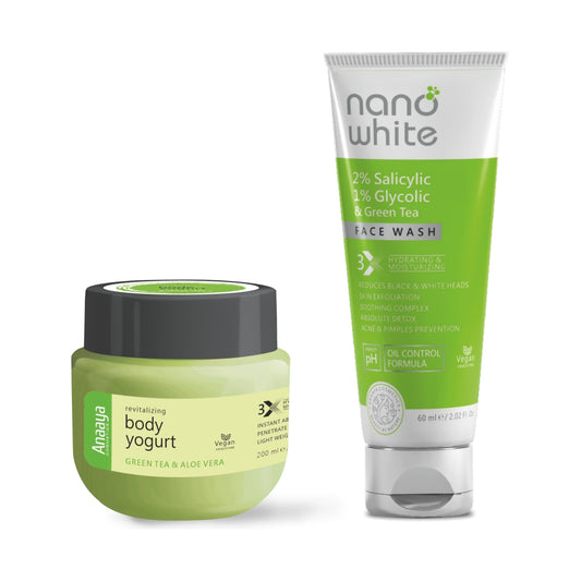 Anaaya Green tea & Aloevera Body Yogurt with Nano White  2 % Salicylic, 1 % Glycolic green tea Face Wash | Reduce Blackheads, Wrinkles, Acne | Daily Moisturizer & Perfect pH Oil Control