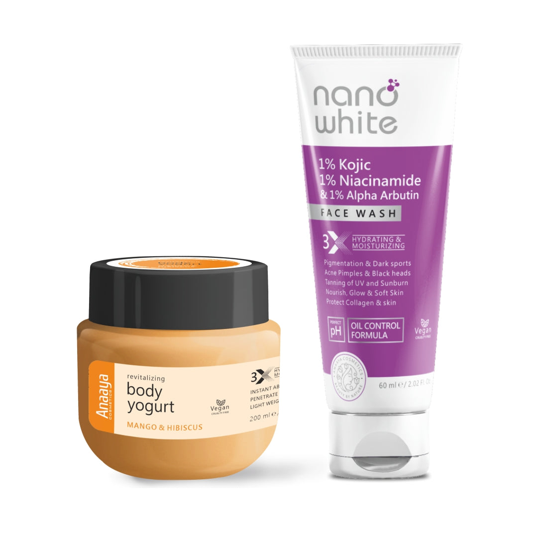 Revitalize & Renew Combo: Anaaya Body Yogurt Mango & Hibiscus paired with Nano White 1% kojic 1 % niacinamide, 1% Alpha arbutin Face Wash