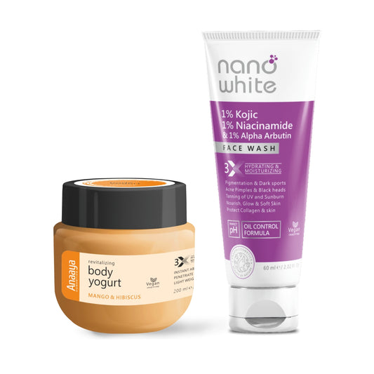 Revitalize & Renew Combo: Anaaya Body Yogurt Mango & Hibiscus paired with Nano White Face Wash, enriched with Kojic, Niacinamide & Alpha Arbutin for daily use. Perfect pH balance and oil control.